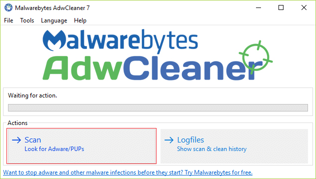 Click Scan under Actions in AdwCleaner 7 | Remove ByteFence Redirect Completely