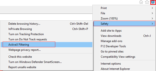 Click gear icon (settings) then select Safety and click on ActiveX Filtering | Fix No Sound on Internet Explorer 11