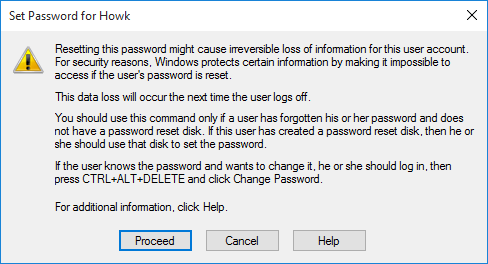 Нажмите «ОК». Сброс этого пароля может привести к необратимой потере информации для этой учетной записи пользователя.
