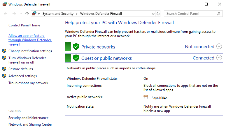 Haga clic en 'Permitir una aplicación o función a través del Firewall de Windows Defender'