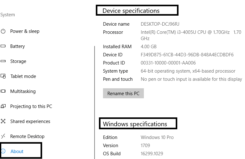 Click on About and you can check the specification of your device | Check Your PC's Specification on Windows 10