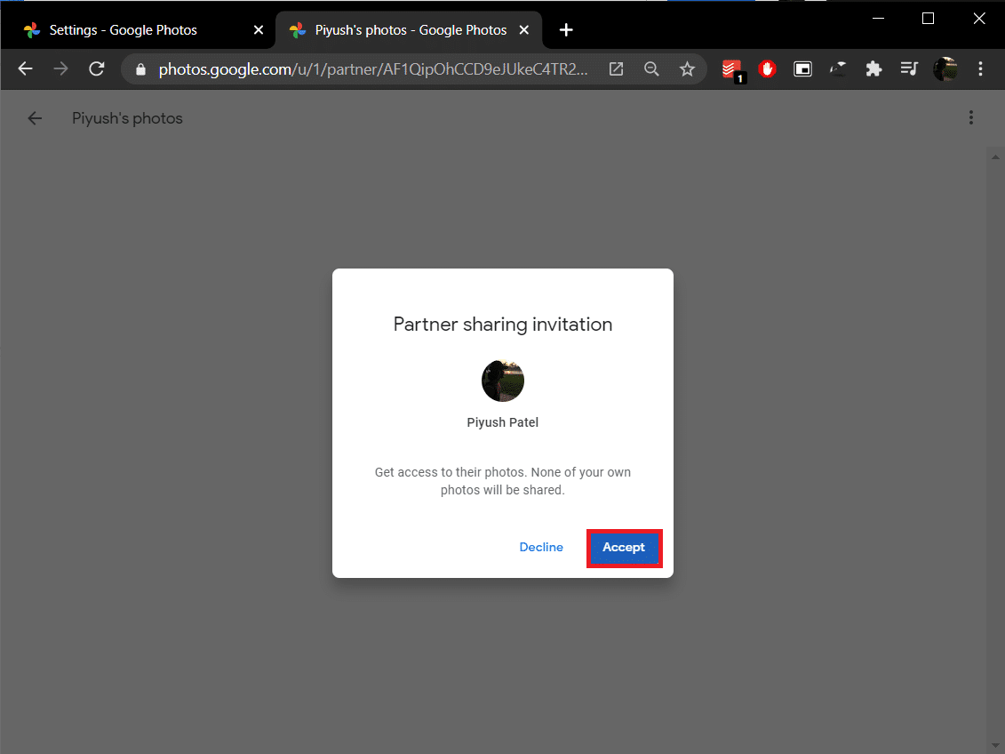Click on Accept in the following pop up to view all the shared photos | Merge Multiple Google Drive & Google Photos Accounts