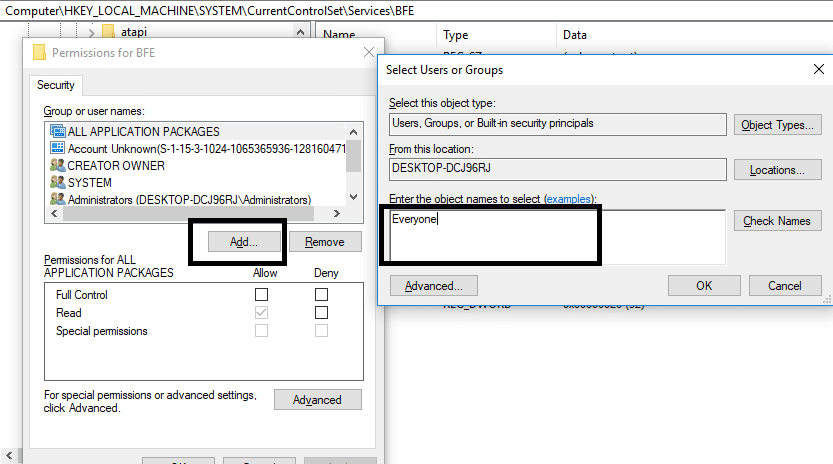 Click on Add and type Everyone | Fix Can't turn on Windows Firewall