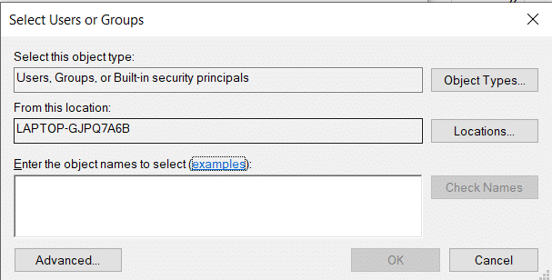 Click on Add button in the window. Enter the name of the users in the ‘Enter the object names to select’ box