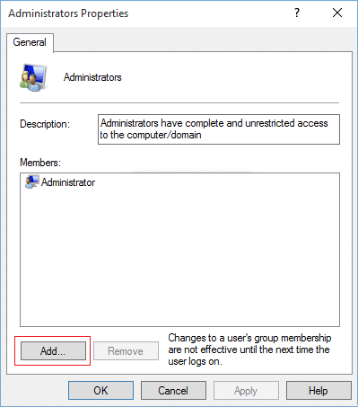 Click on Add in the bottom of the Administrators Properties window | This file does not have a program associated with it for performing this action [SOLVED]