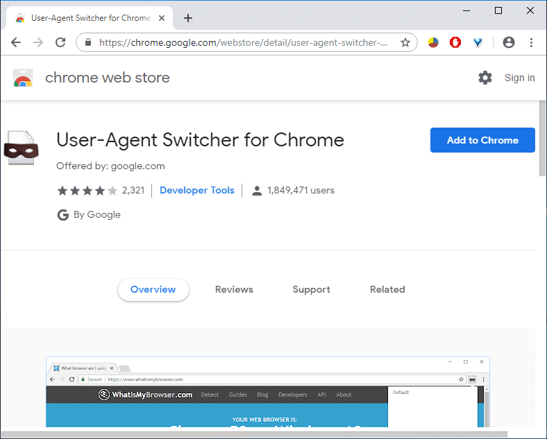 Click on Add to Chrome to Install User Agent Switcher Extension | Access Mobile Websites Using Desktop Browser (PC)