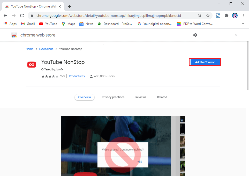 Click on Add to Chrome.  | How to disable ‘Video paused. Continue watching’ on YouTube in Chrome