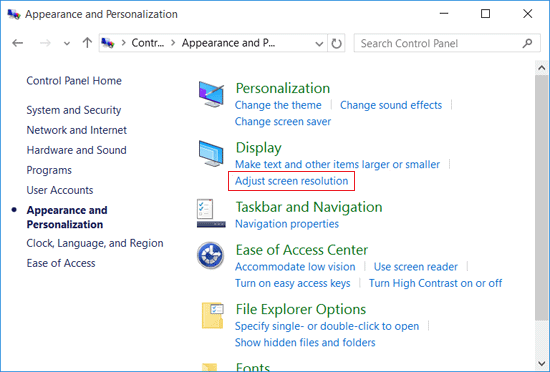 Click on Adjust Screen resolution under Control Panel