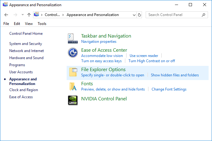 Faceți clic pe Aspect și personalizare, apoi faceți clic pe Opțiuni File Explorer
