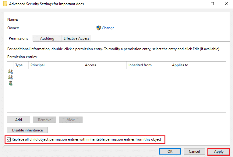 Click on Apply from the bottom of the window to save the new changes | Fix Failed to Enumerate Objects in the Container error on Windows 10