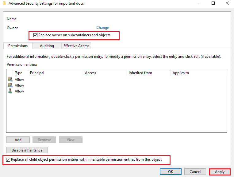 Click on Apply to save these changes and close the window | Fix Failed to Enumerate Objects in the Container error on Windows 10