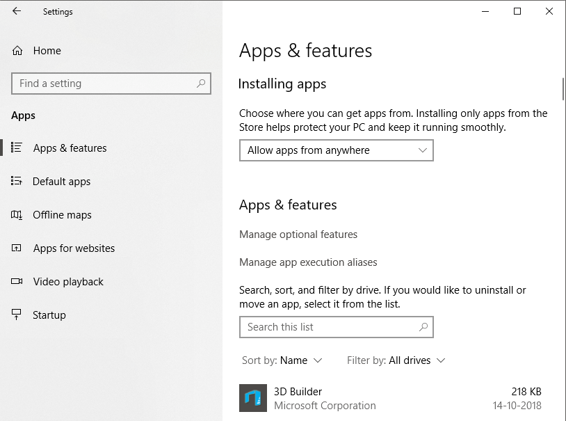 Click on Apps and features from the left pane