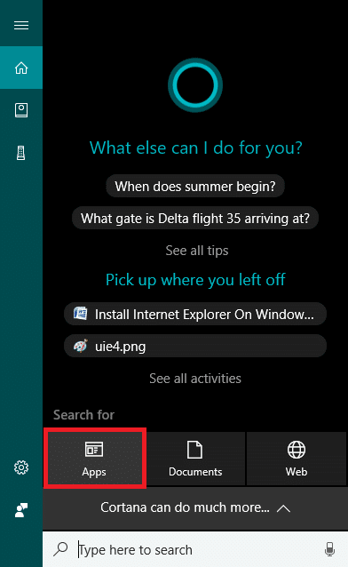 Click on Apps under the Cortana search