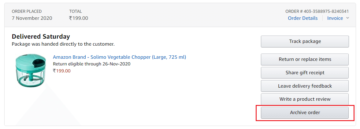 Click on Archive order button next to your Amazon order