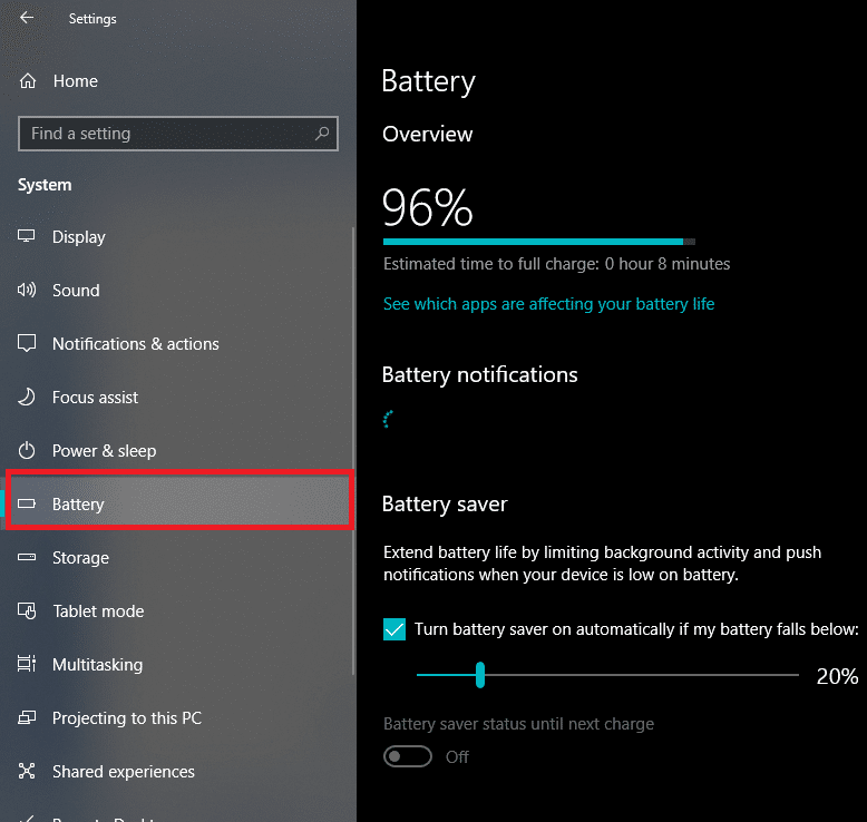 Click on Battery on the left side and drag the slider in order to adjust the battery level percentage