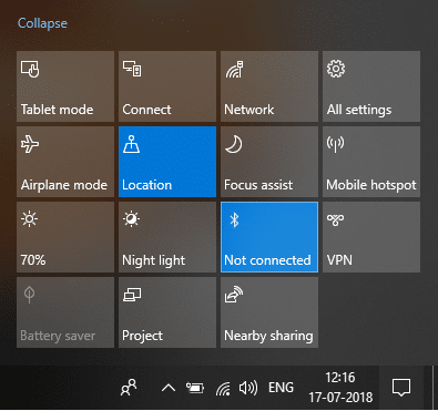 Click on Bluetooth quick action button to enable or disable Bluetooth in Windows 10