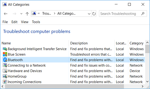 Click on Bluetooth under troubleshoot computer problems