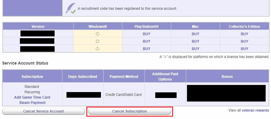 Click on Cancel Subscription under Service Account Status