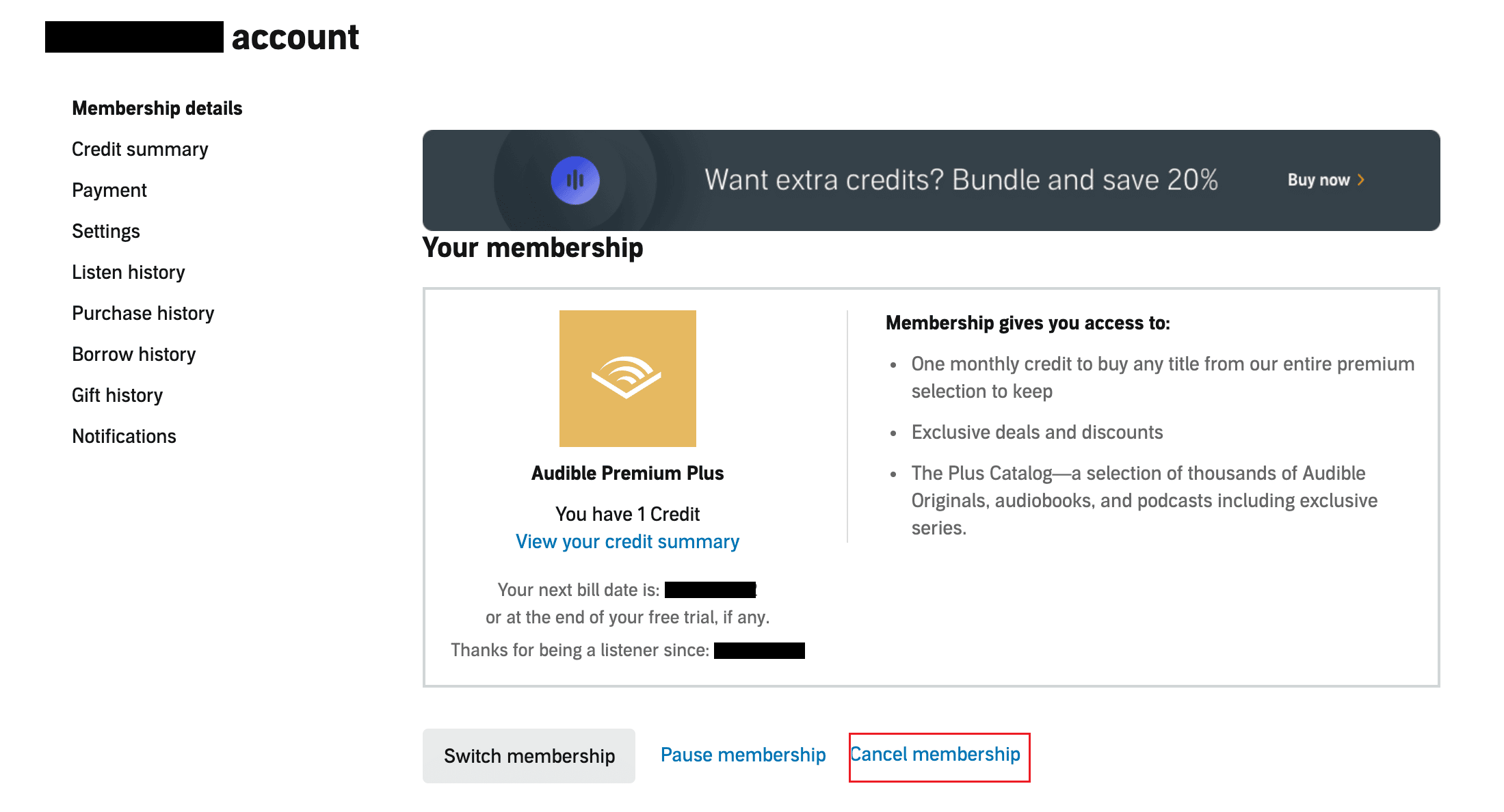 Click on Cancel membership from the bottom of the membership page