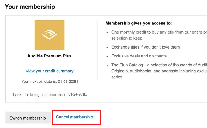 Click on Cancel membership under your subscription details | cancel your Audible subscription on your phone