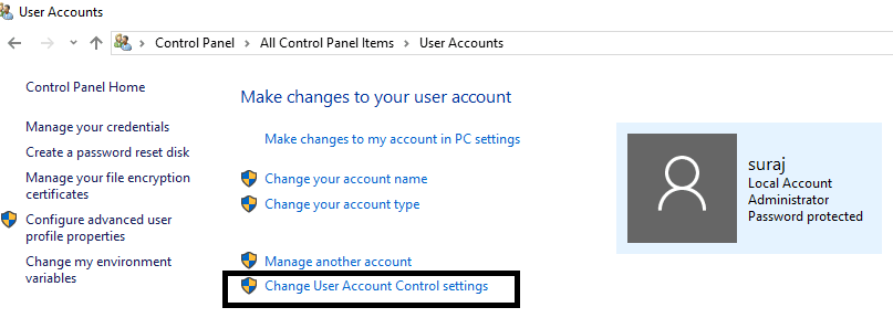 Click on Change User Account Control settings