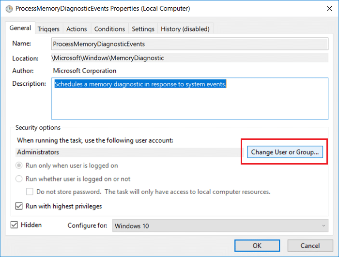 Click on Change User or Group under Security options