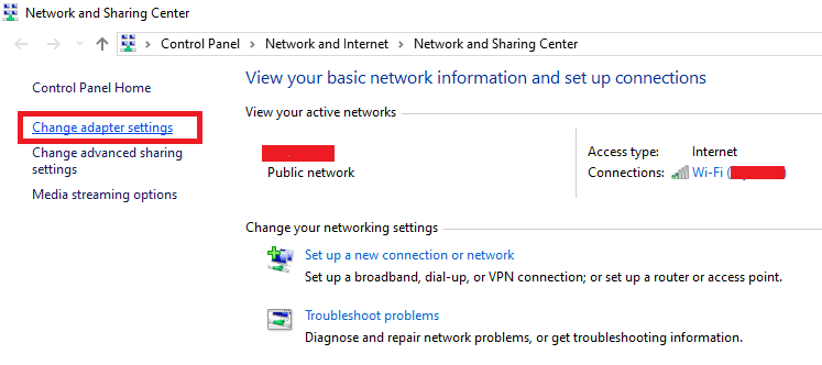 Click on Change adapter settings