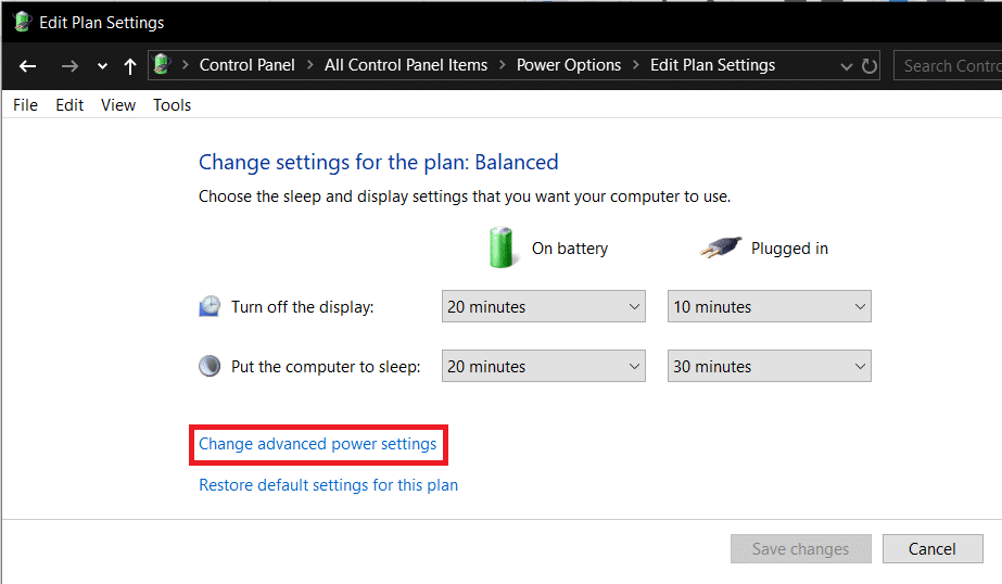Click on Change advanced power settings in the following Edit Plan Settings window | Fix No Internet Connection after updating to Windows 10 Creators Update