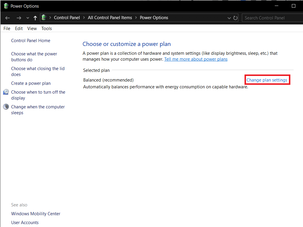 Click on Change plan settings under the Selected plan section | Enable or Disable Hibernation on Windows 10
