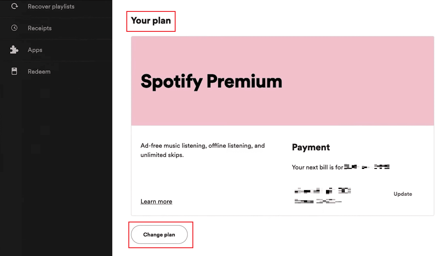 Click on Change plan under the Your Plan section