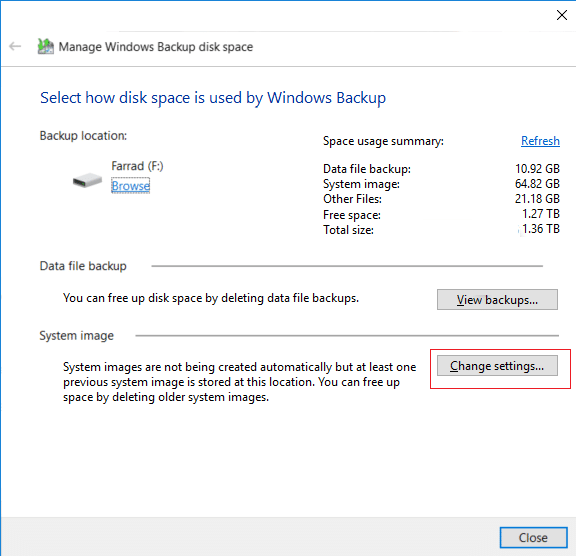 Click on Change settings button under System image