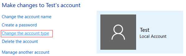 Click on Change the account type in Control Panel
