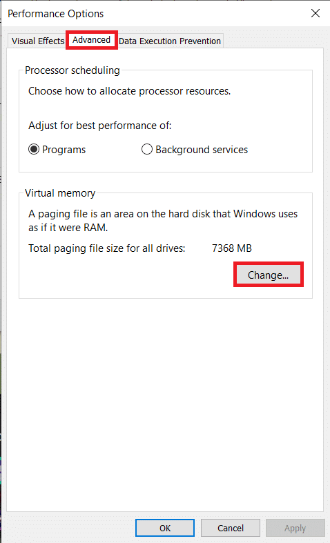 Click on Change… under the Virtual Memory section of the Advanced tab | How to free up RAM on your Windows 10 PC