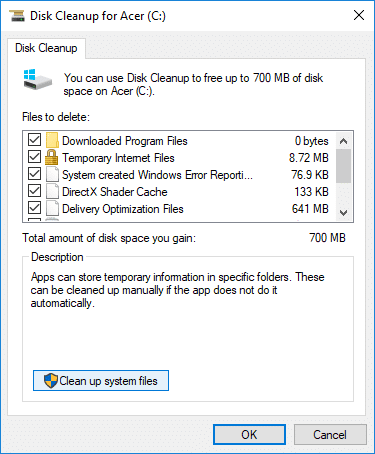 Click on Clean up system files button in Disk Cleanup window | Delete System Error Memory Dump Files