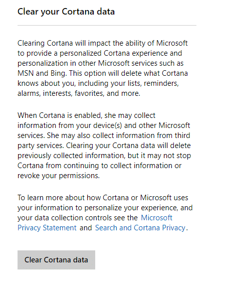 Нажмите «Очистить данные Кортаны», чтобы отключить сбор данных в Windows 10.