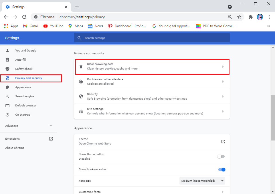 Click on 'Clear browsing data.' | Fix no Camera found in Google meet