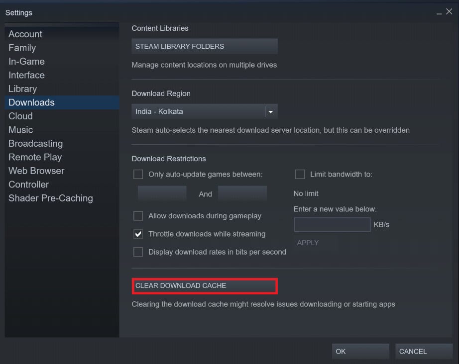 Click on Clear download cache | Fix Steam Stuck on Allocating Disk Space on Windows