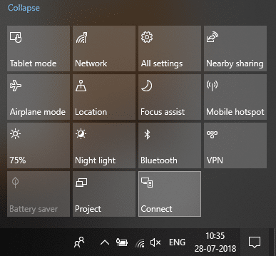 Click on Connect quick action button | Connect to a Wireless Display with Miracast in Windows 10