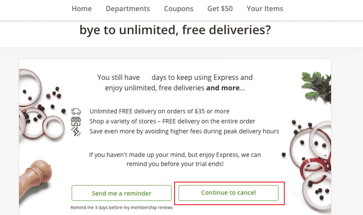 Click on Continue to cancel to cancel Instacart membership | How to Cancel Instacart Subscription