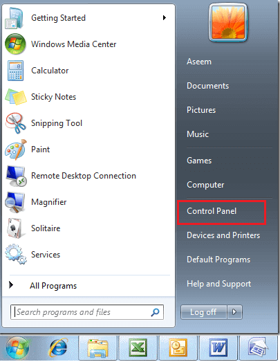 Click on Control Panel from Windows 7 Start Menu