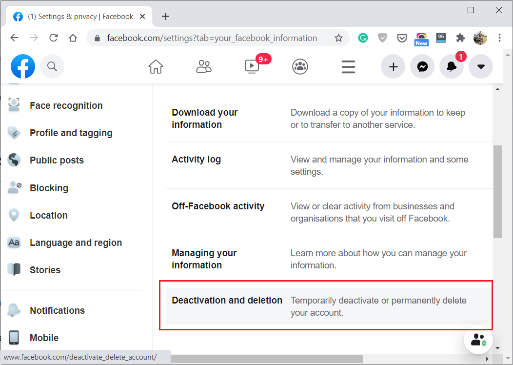 Click on Deactivation and deletion under Your Facebook Information section