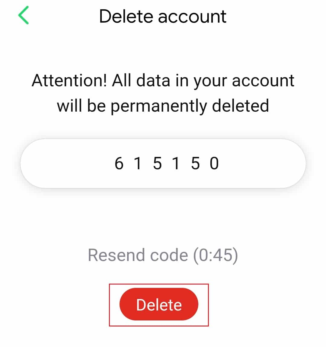 Click on Delete option after entering the SMS code in IRC New android app