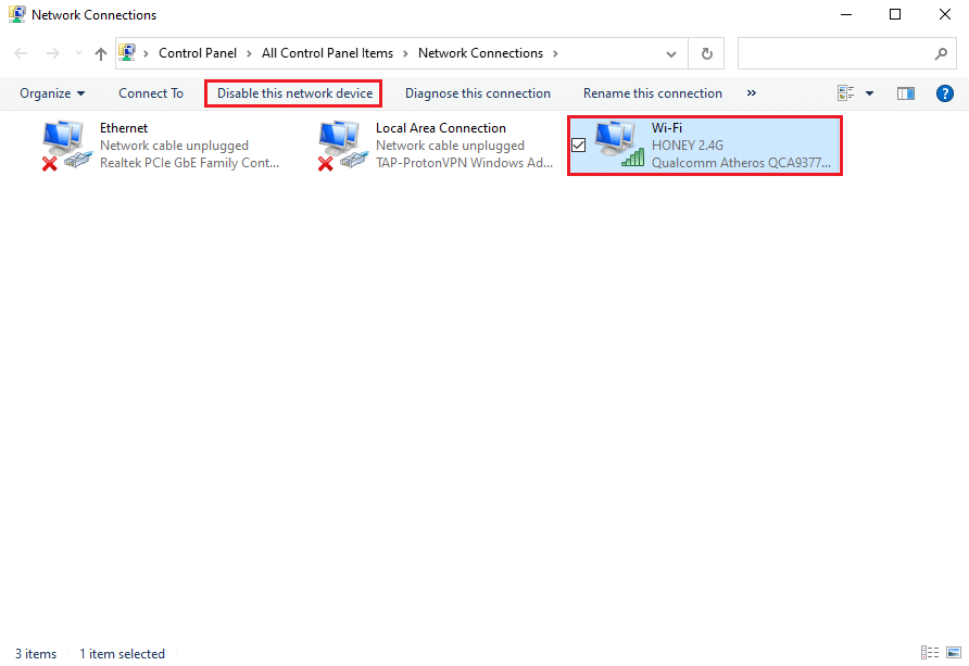 Click on Disable this network device from the toolbar