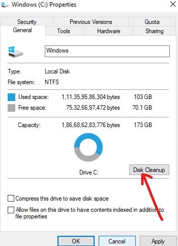 Click on Disk Cleanup button