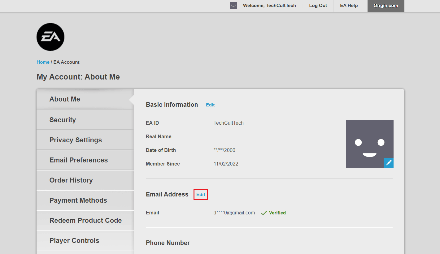 Click on Edit next to the Email Address section | How to Change My EA Email