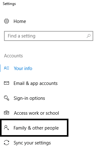 Click on Family and Other Users in the settings dialogue box | Create a Local User Account on Windows 10