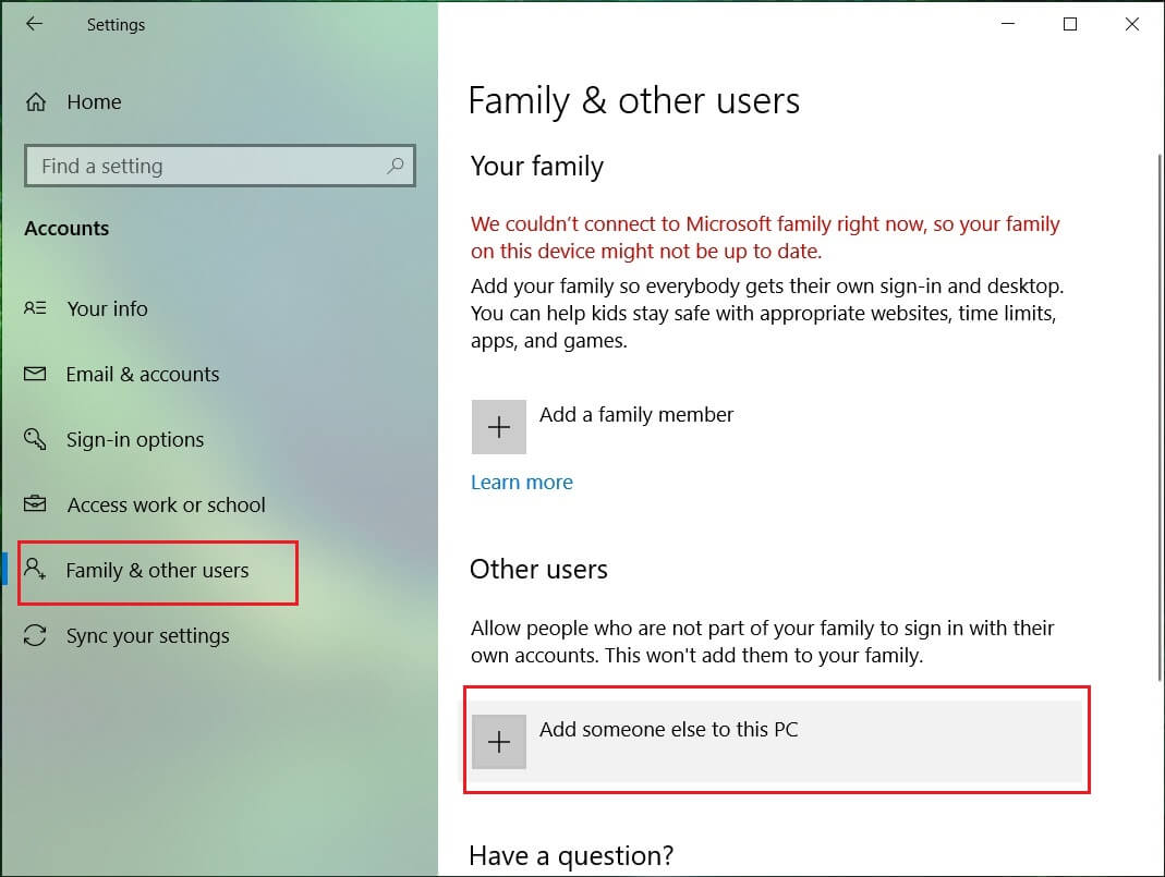 Click on Family & other people tab and and click Add someone else to this PC | [GUIDE] Reset Microsoft Edge to Default Settings