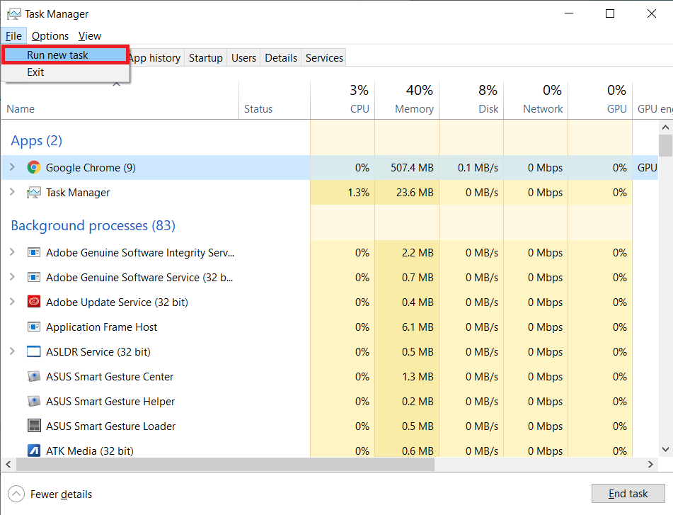 Click on File at the top left of the Task Manager window and then select Run New Task