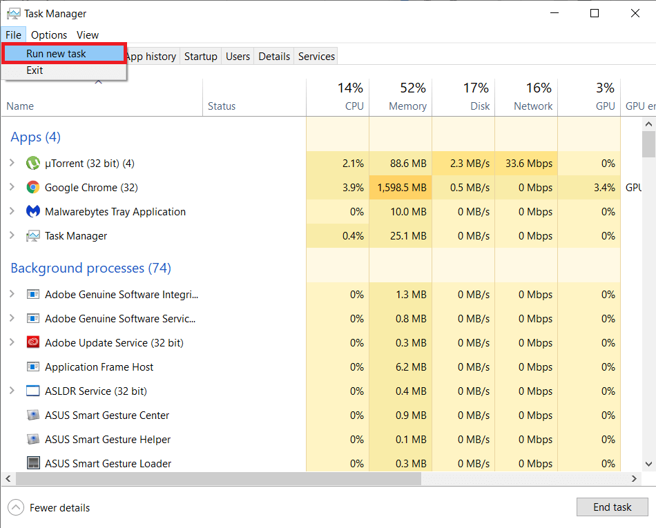 Click on File in the task manager and select Run New Task