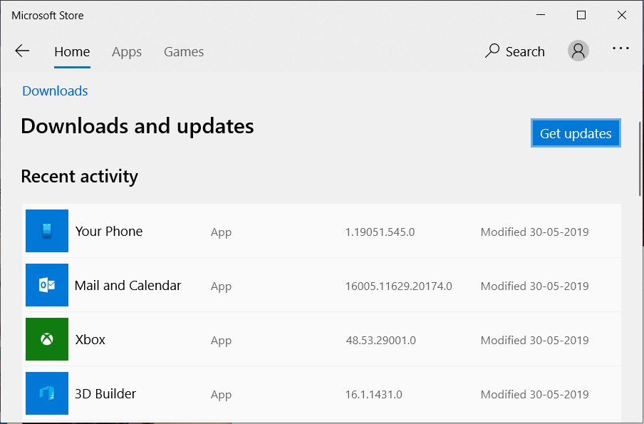 Click on Get updates button to update Windows Store Apps